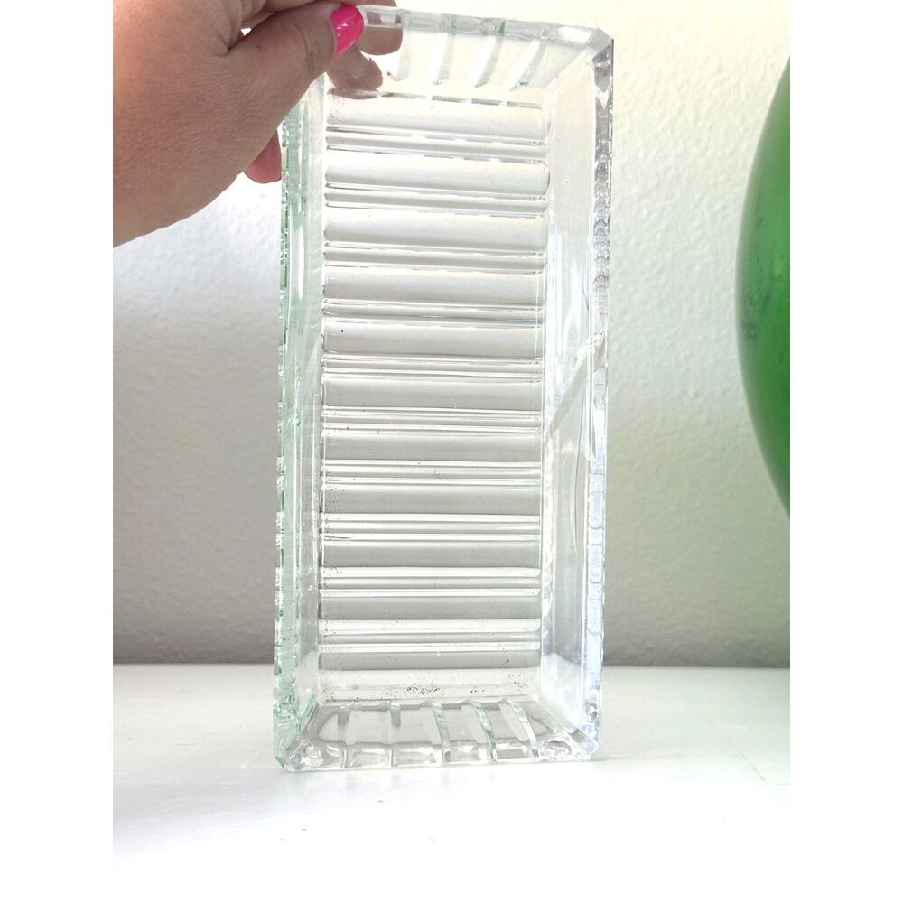 Vintage Etched Crystal Glass Rectangle Tray Leaf Design on Sides